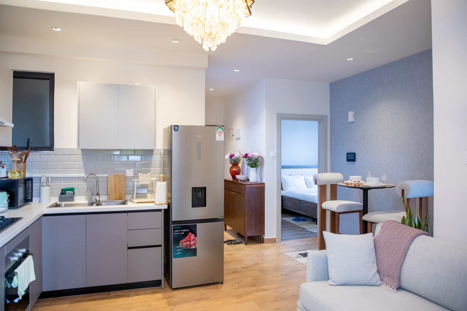 Kitchen and living room seen from the entrance