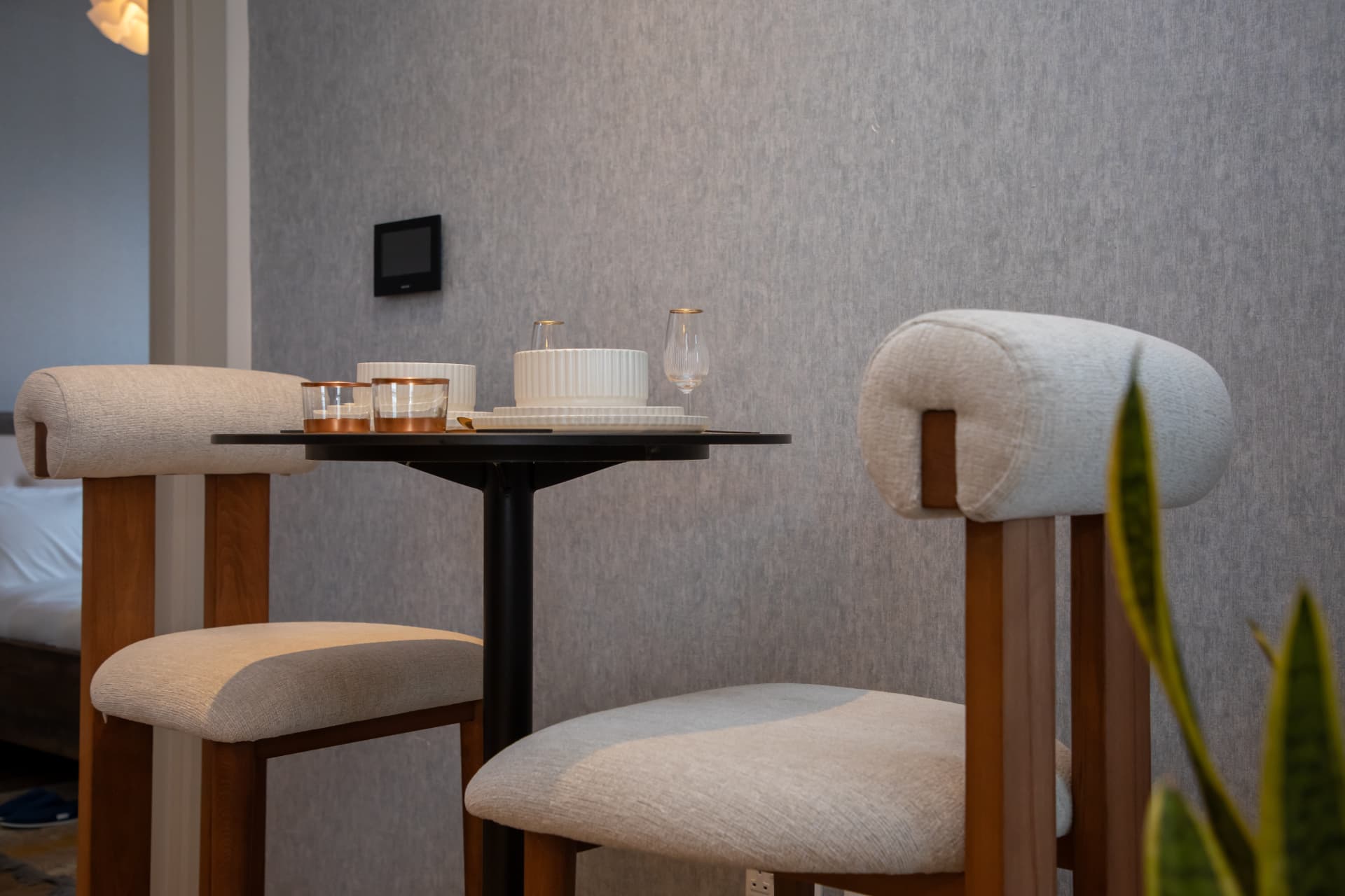 Breakfast table for two with cups set out